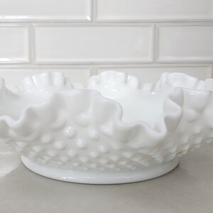Vintage White Milk Glass Hobnail Fenton Double Crimped Candy Dish