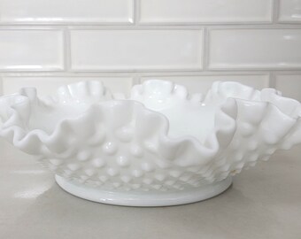 Vintage White Milk Glass Hobnail Fenton Double Crimped Candy Dish
