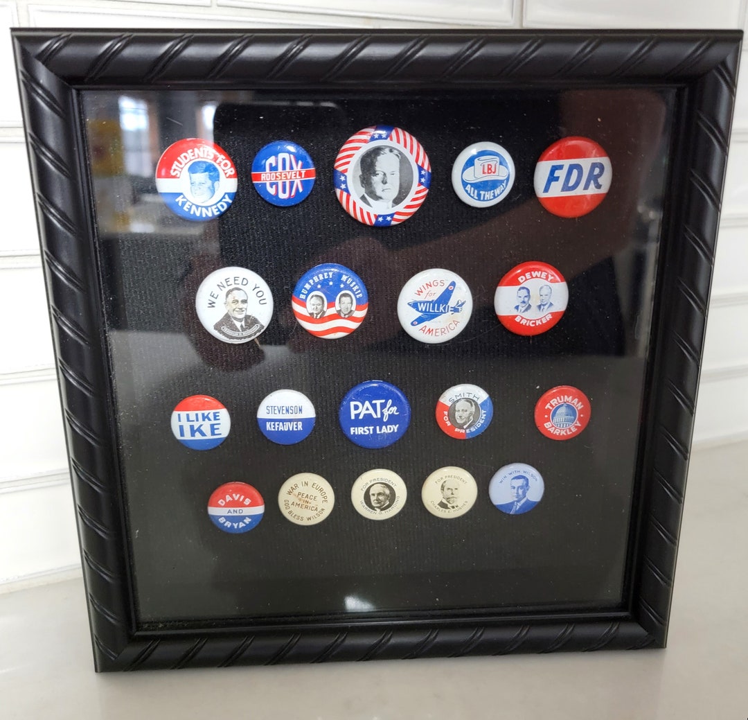 Collection of 19 Vintage Political Pins in Shadow Box Display Circa