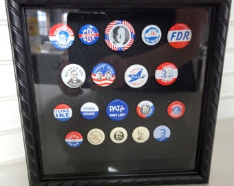 Collection of 19 Vintage Political Pins in Shadow Box Display circa 1912-1972, Vintage Americana History, Vintage American Historical Pins