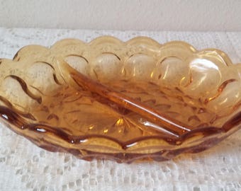 Vintage Amber Glass Divided Candy Dish, Scalloped Edges