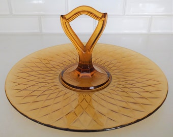 Vintage Amber Glass Sandwich Tray, Diamond Pattern Handle