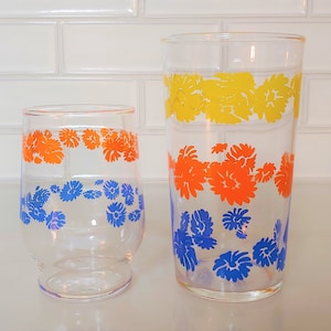 Pair of Vintage Federal Glass Company Floral Pattern Glasses, Vintage Federal Glass Floral Tumbler and Juice Glass Set