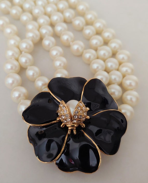 Vintage Triple Strand Pearl Necklace with Black Me