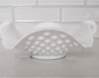Vintage Milk Glass Hobnail Candy Dish, Double Handled Trinket Bowl