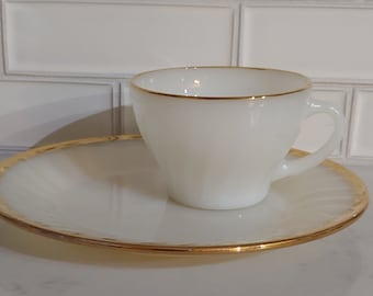 Vintage Fire King Milk Glass Luncheon Set: Gold Rim Swirl & Shell Pattern, 8-Piece