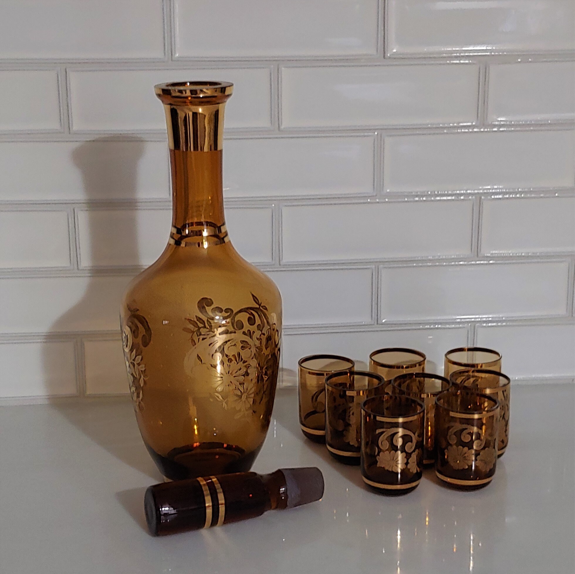 Vintage Brown Glass Decanter with 8 Matching Shot Glasses Etsy