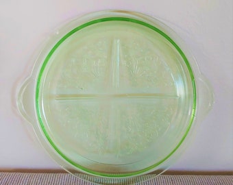 Antique Green Depression Glass Floral Basket Platter
