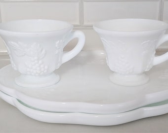 Set of 2 Colony Harvest Snack Plates and Cups with Grape Vine Design, 1960's Indiana Glass Company Milk Glass Grape Design Snack Set for Two