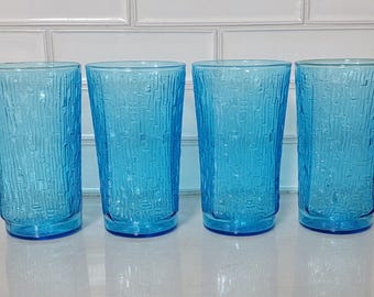 Set of 4 Vintage Anchor Hocking Pagoda Laser Blue 12 Ounce Tumblers