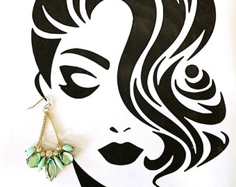 Vintage Green Beaded Dangle Earrings, Boho Statement Jewelry