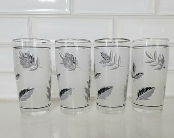 Set of 4 Vintage Frosted Shades of Gray Juice Glasses with Leaf Design, Vintage Juice Glasses, Vintage Dishes, Vintage Libby Juice Glasses