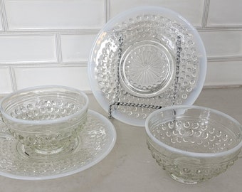 Pair of Vintage Anchor Hocking Moonstone Clear Opalescent Hobnail Cups and Saucers