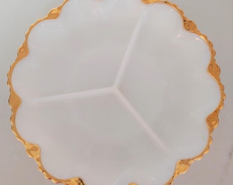 Vintage Gilded Milk Glass Divided Serving Tray, 10 Inch Appetizer Dish