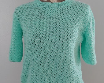 Vintage Handknit Acrylic Sweater: Light Aquamarine Green, Medium Size