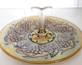Vintage Imperial Gold, Purple, Blue and Orange Carnival Glass Serving Tray with Grape Vine Design and Handle.