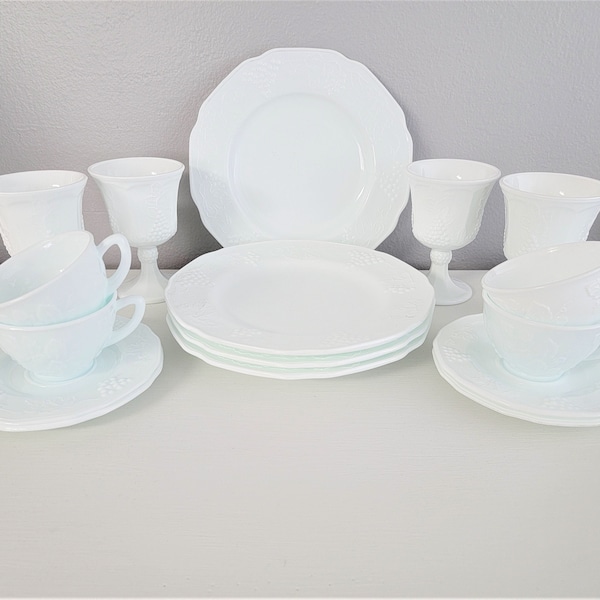 Vintage Indiana Glass Milk Glass Dinnerware Set, Harvest Grape, 20 Piece