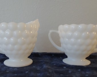 Vintage Anchor Hocking Bubble Milk Glass Sugar and Creamer Set