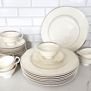 Vintage 29 Piece Setting Castleton China St. Regis Pattern Ivory with Platinum Band and Verge, Vintage Dinnerware, Vintage Dishes