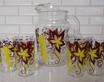 Mid Century Modern Pitcher Set: Brown & Yellow Grape Design, 7-Piece