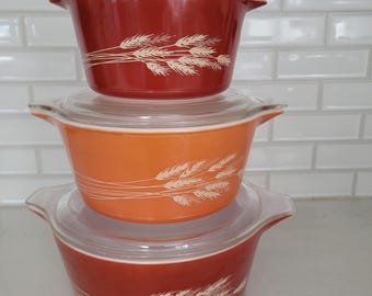 Vintage Pyrex Harvest Wheat Casserole Dishes, Vintage Pyrex, Vintage Harvest Wheat Pattern Casserole Dishes
