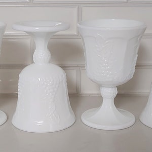 Set of 4 Indiana Glass Company Paneled Grape Pattern Milk Glass Grape Vine Design Footed Goblets