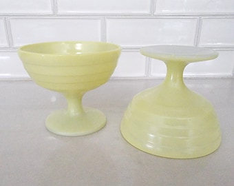 Pair of Pale Yellow Hazel Atlas Vintage Moderntone Platonite Sherbet Dishes