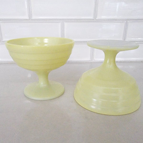 Pair of Pale Yellow Hazel Atlas Vintage Moderntone Platonite Sherbet Dishes