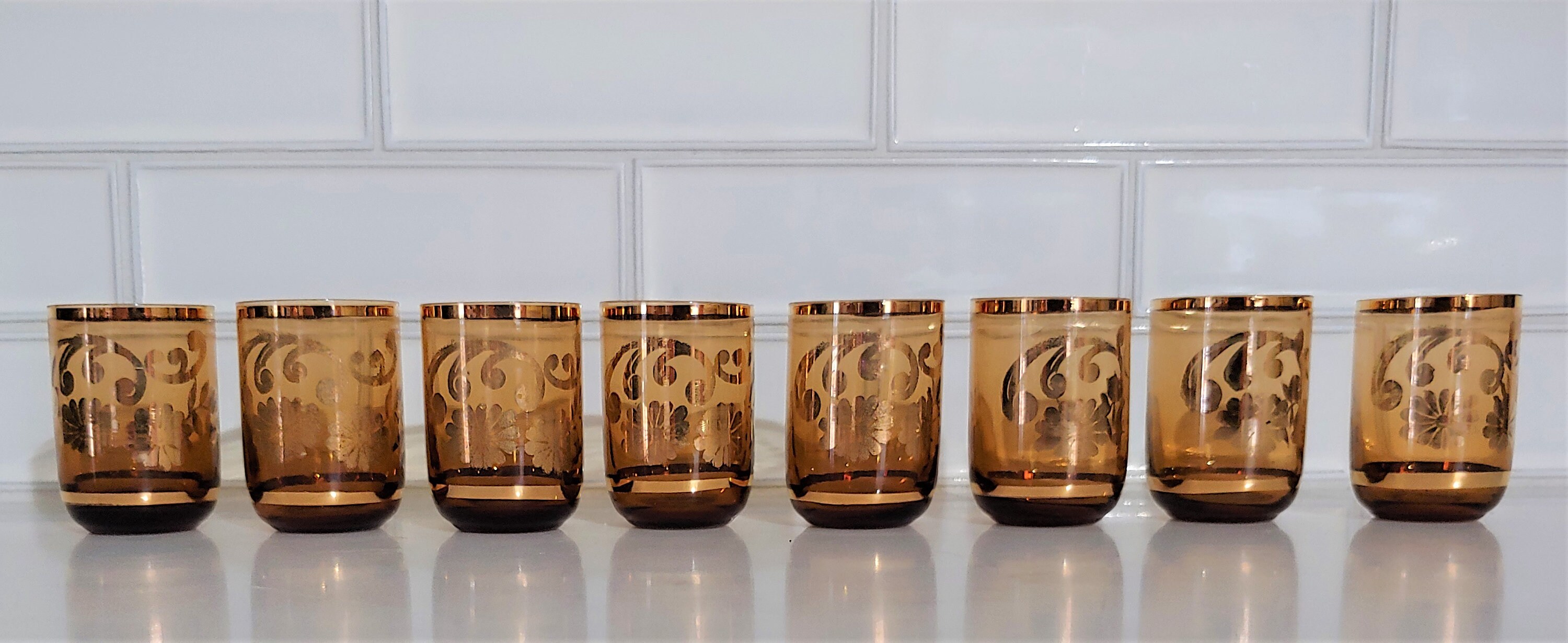 Vintage Brown Glass Decanter with 8 Matching Shot Glasses Etsy