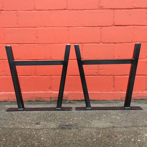 A-Frame Style Metal Table Legs - Blackened, Brushed Steel + Powder Coated Finishes - Adjustable Threaded Foot Levelers.