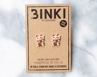 Maneki-Neko Japanese / Chinese Decorative Feng Shui Lucky / Money Cat Statue / Ornament Stud Earrings - 1 pair