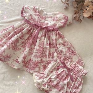 Toile de Jouy baby dress & bloomer set from 3 months to 3 years
