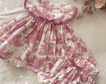 Conjunto bebé vestido y braguita Toile de Jouy de 3 meses a 4 años