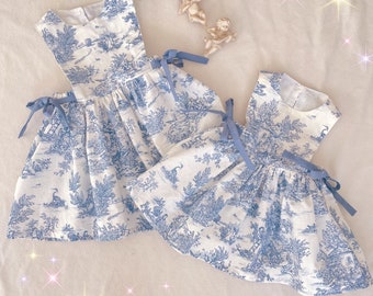 Toile de Jouy apron dress 3 months to 10 years