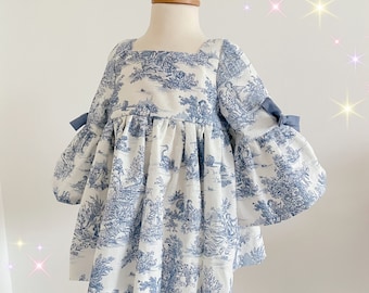 Robe bébé fille à grande manche sans volant bas Toile de Jouy à partir de 0-3 mois