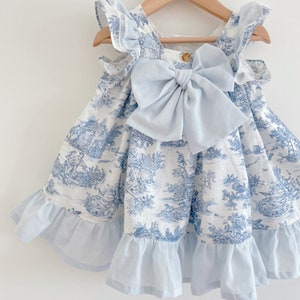 Toile de Jouy girl's dress in grey, blue and red