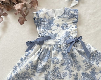 Toile de Jouy robe tablier version Volant sur les côtés  3 mois à 6 ans