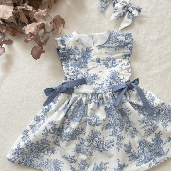 Toile de Jouy apron dress version Ruffle on the sides, 3 months to 6 years