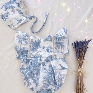 Toile de Jouy romper & hat 3 months to 24 months