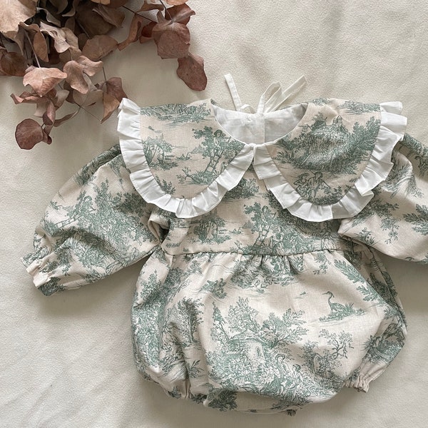 Toile de Jouy green romper 3/6 months to 36 months