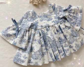 Baby girls' dress with large sleeves and low ruffle Toile de Jouy from 0-3 months