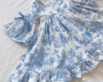 Baby girls' dress with large sleeves Toile de Jouy from 0-3 months