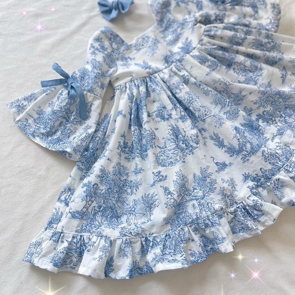 Robe bébé fille à grande manche Toile de Jouy à partir de 0-3 mois