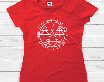 Original T-shirts: Life begins at the end of your comfort zone. Red. For women.