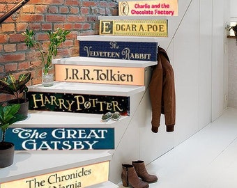 Vintage Books Stairs Decoration Novels Authors*** Adhesive Stair Riser Panels Stairs Risers Sticker Mural Photo Decal Wallpaper