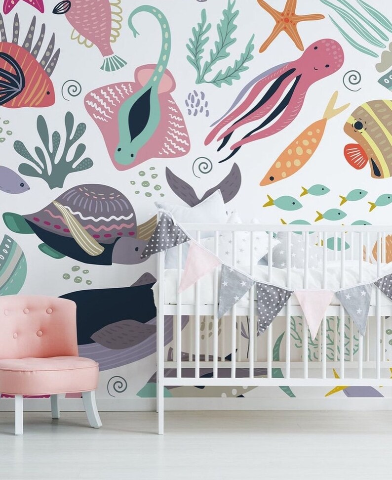 Boho Nursery OCEAN Sealife Wall Mural Nursery Wall Decal, Whale Fish ...