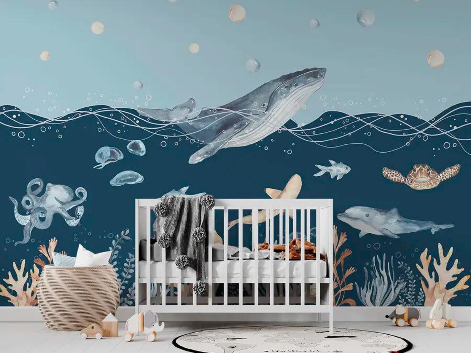 Whale Blue Ocean Fish Wall Mural Ocean Wallpaper Nursery Wall Sticker ...