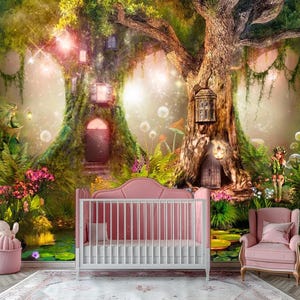 Carta da parati in legno magico Camera dei bambini della piccola fata Carta da parati della foresta magica Carta da parati per bambini dell'albero magico Carta da parati personalizzabile per bambini Murale di grandi dimensioni