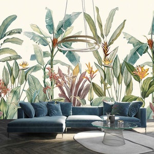Exotische grüne Blätter Blumen Hintergrund Kinderzimmer Florale Tapete Wand Kinderzimmer Foto Wandbild selbstklebend exklusives Design Fototapete