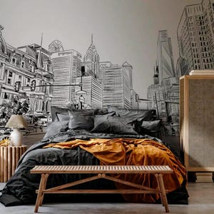 City Street Wall Mural Graphic City Perspective Wallpaper Graffiti Mural Office Mural Skyline Wall Mural Black White Customizable wall decal